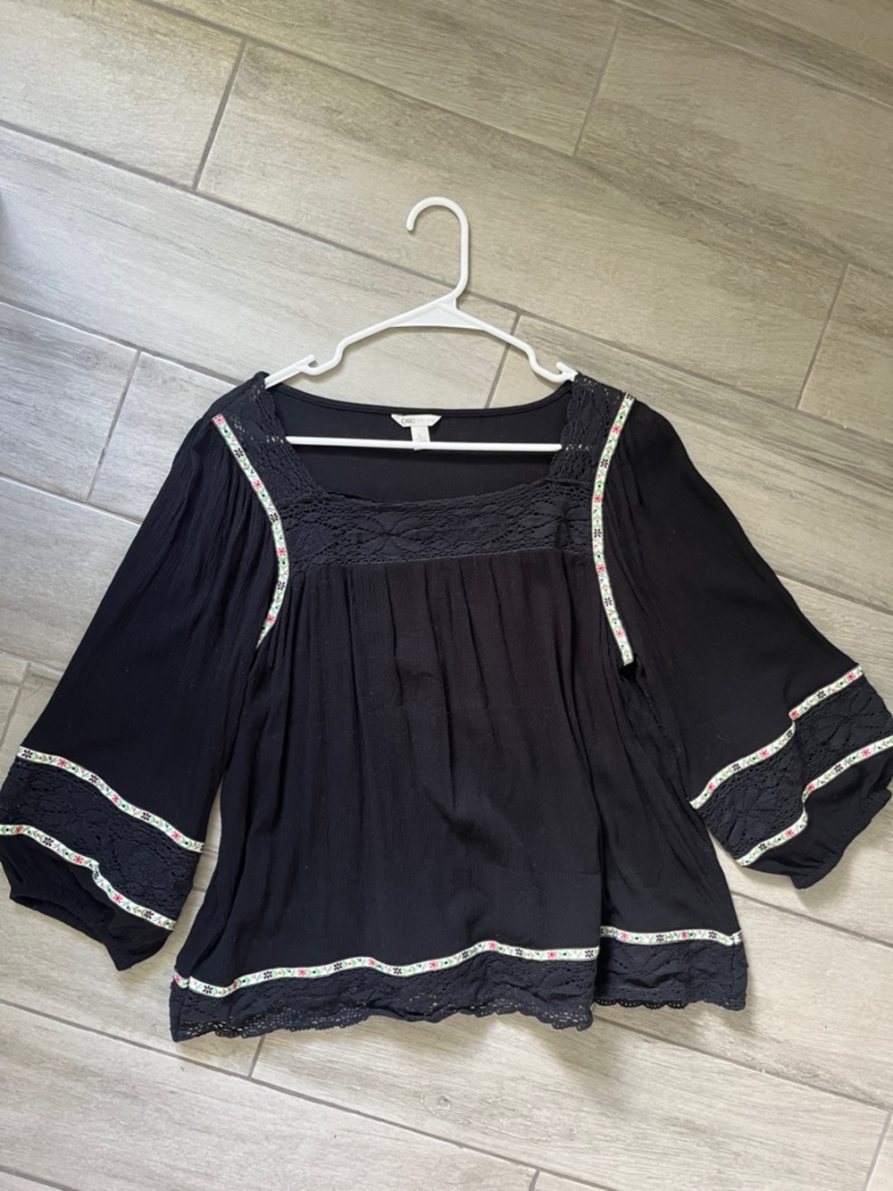 Black Boho Peasant Top Blouse with Floral and Lace Trim